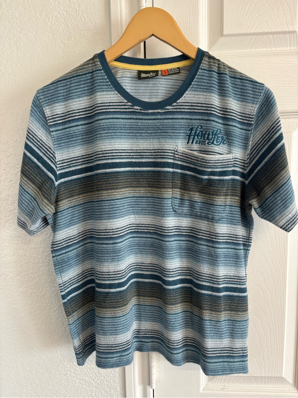 Howler Brothers Blue Striped Terry Cloth Jacquard Short Sleeve Pocket Shirt S